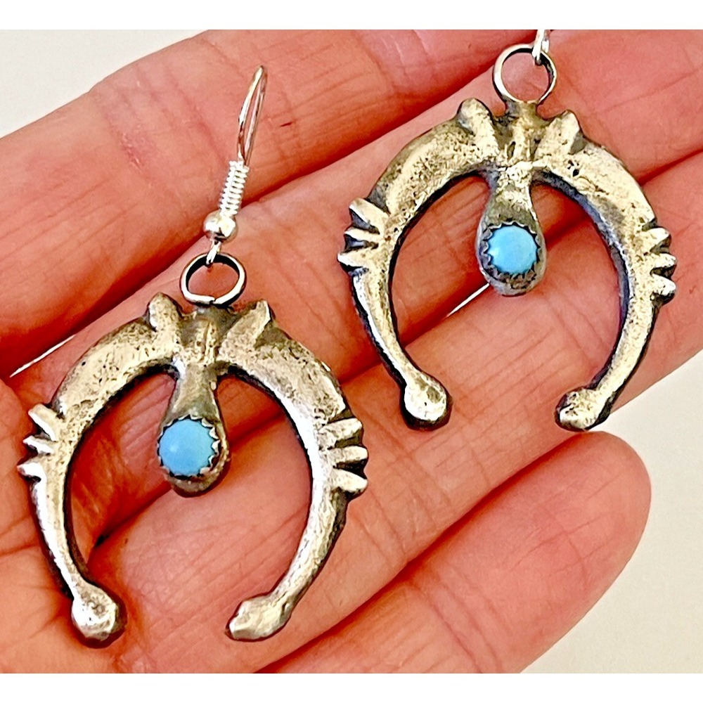 Navajo‎ Naja Turquoise Earrings 2in Sterling MATTE Dark Signed CY Hook Dangle